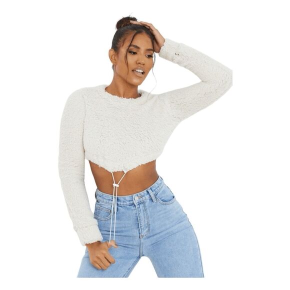 PrettyLittleThings Borg Teddy Fleece Sweatshirt Cream Long Sleeve Cropped S - Picture 1 of 9